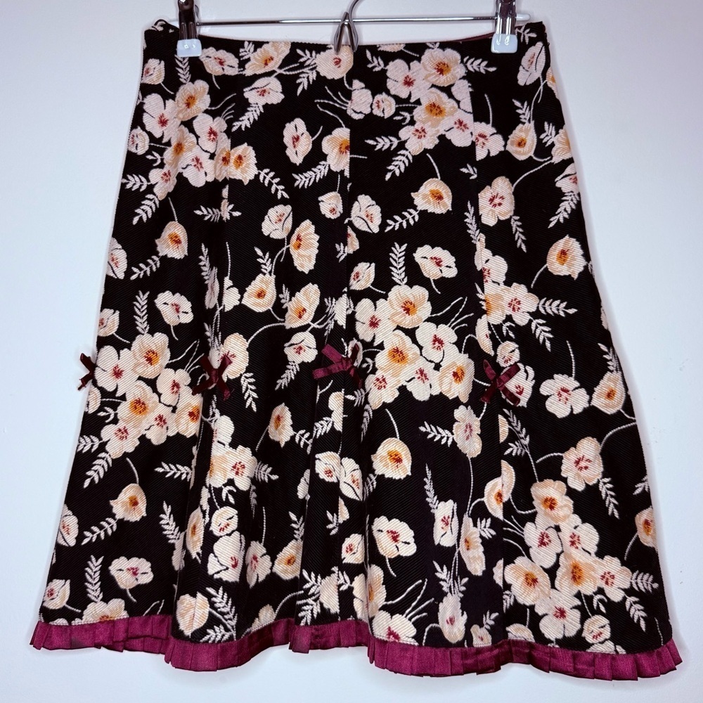 PERSAMAN NEW YORK Coquette Bows Cottagecore Floral Corduroy Pleated Satin Skirt